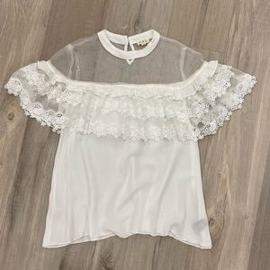 POL Lace Ruffles and Sheer Mesh White Romantic Blouse, Size Small